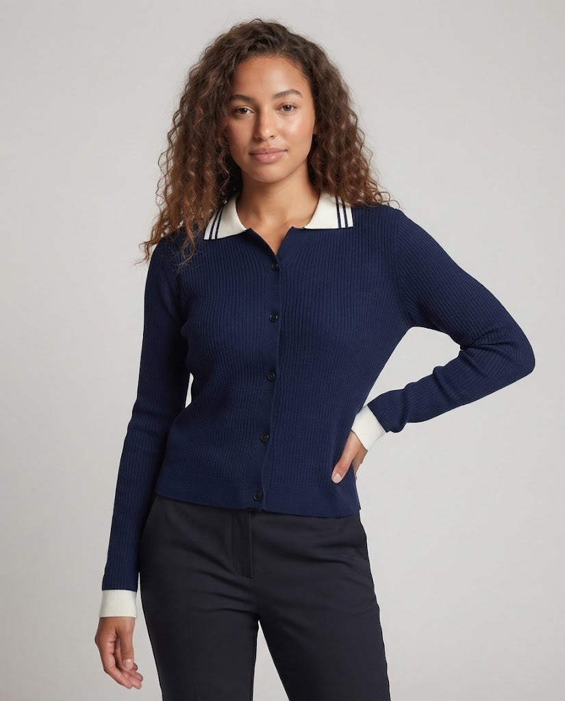Damen Feinstrick-Cardigan mit Polokragen und kontrastierenden Bündchen Echoarchiv