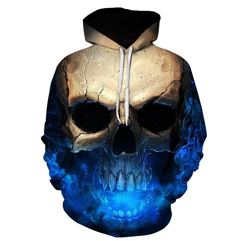 Unisex Kapuzenpullover mit 3D-Schädel-Print & blauem Flammen-Motiv Echoarchiv