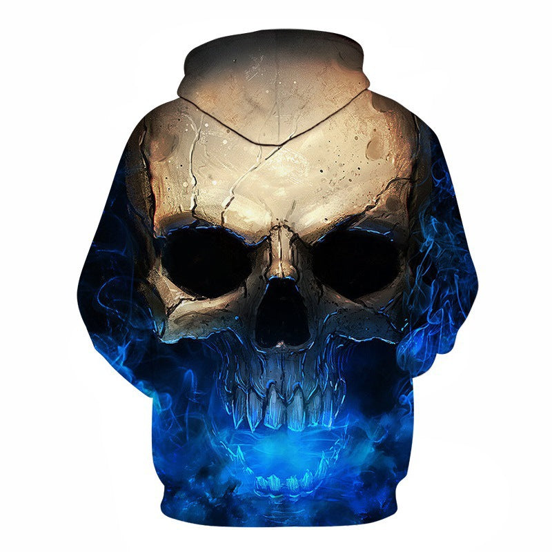 Unisex Kapuzenpullover mit 3D-Schädel-Print & blauem Flammen-Motiv Echoarchiv