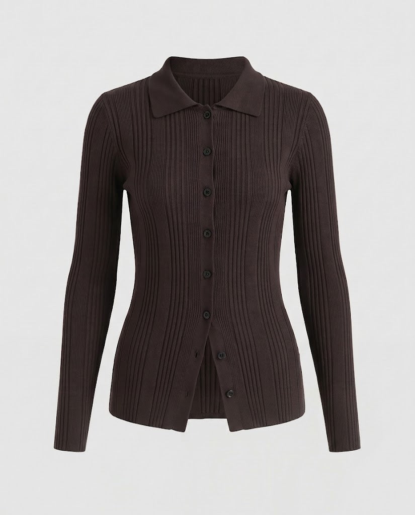 Damen Gerippter Feinstrick-Cardigan mit Hemdkragen und durchgehender Knopfleiste Echo Archiv