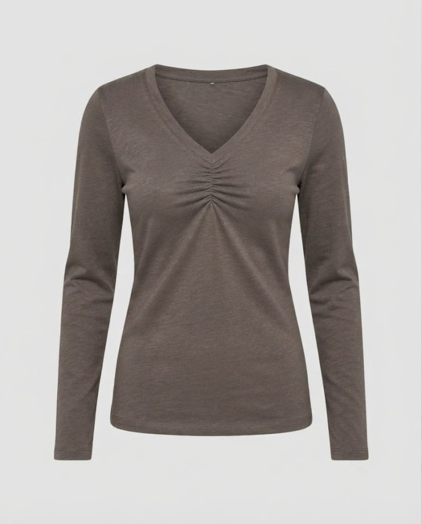 Damen Langärmeliges V-Ausschnitt-Shirt mit Raffung und feiner Jersey-Qualität Echo Archiv