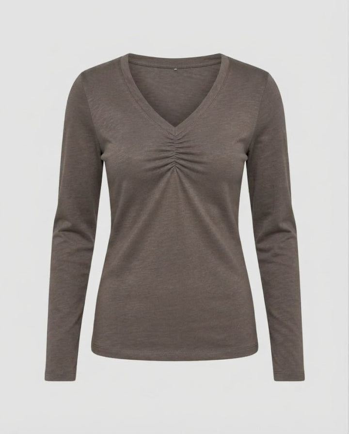 Damen Langärmeliges V-Ausschnitt-Shirt mit Raffung und feiner Jersey-Qualität Echo Archiv