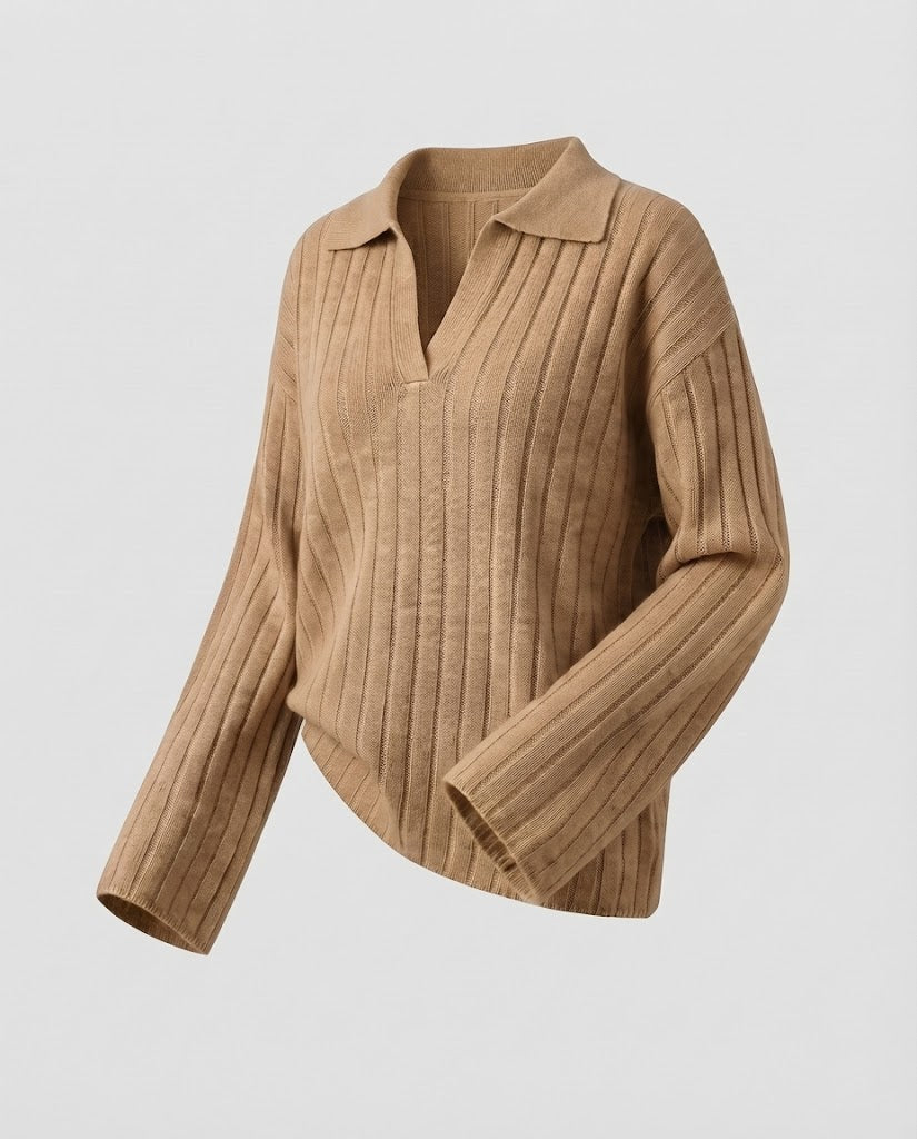 Damen Grobgerippter Wollmix-Pullover mit Polokragen und weiten Ärmeln Echoarchiv