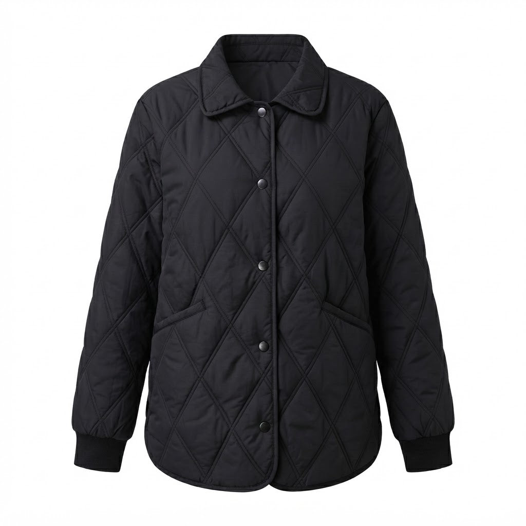 Damen Steppjacke mit lockerem Schnitt und Diamantmuster sowie Druckknopfverschluss – Célinea