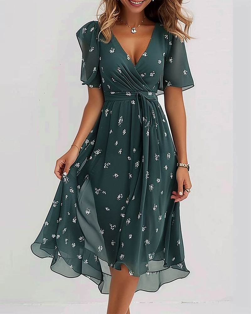Echoarchiv | Elegantes Bedrucktes Kleid mit V-Ausschnitt und Krawatte