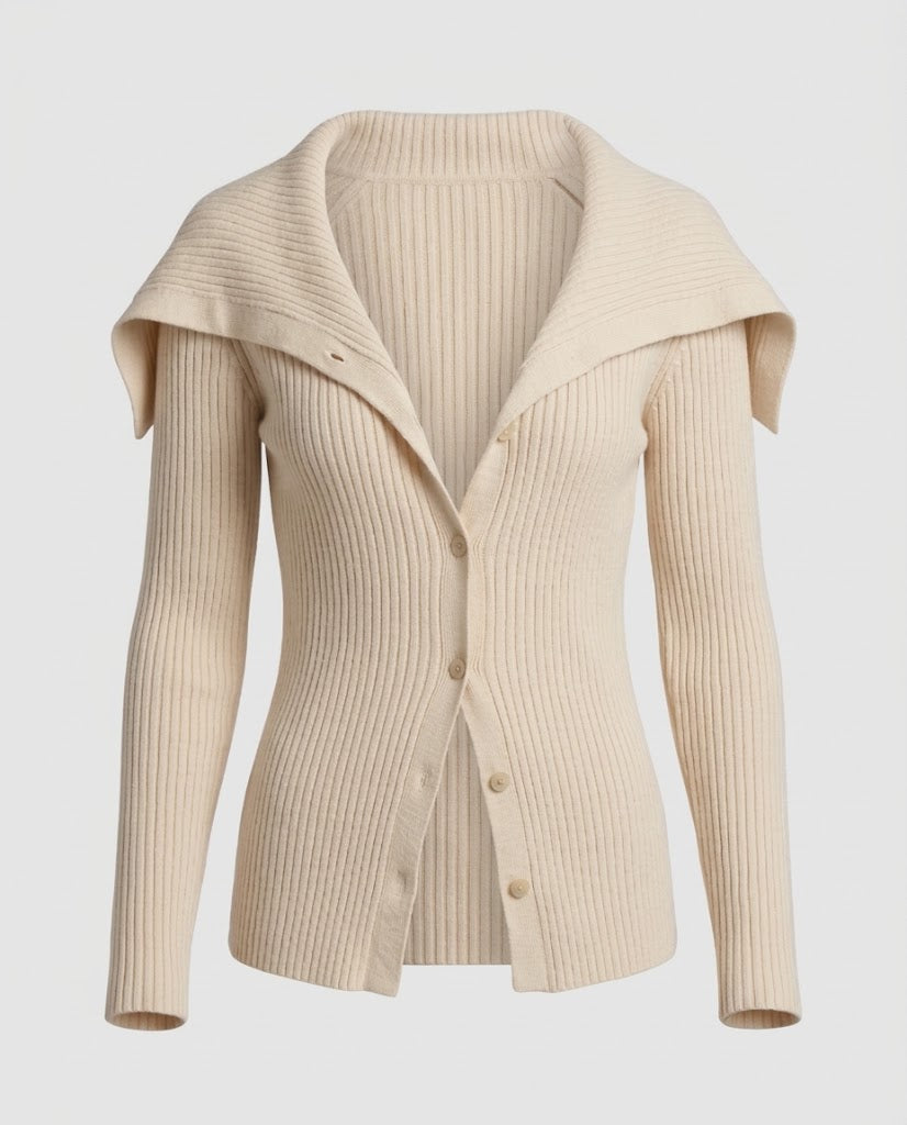 Damen Gerippter Strickcardigan mit umlegbarem Schulterkragen und Knopfleiste Echo Archiv