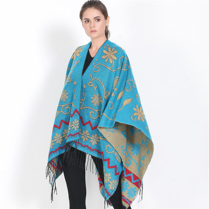 Damen Überwurf‑Ruana mit floraler Jacquard‑Webung und Fransensaum Echo Archiv