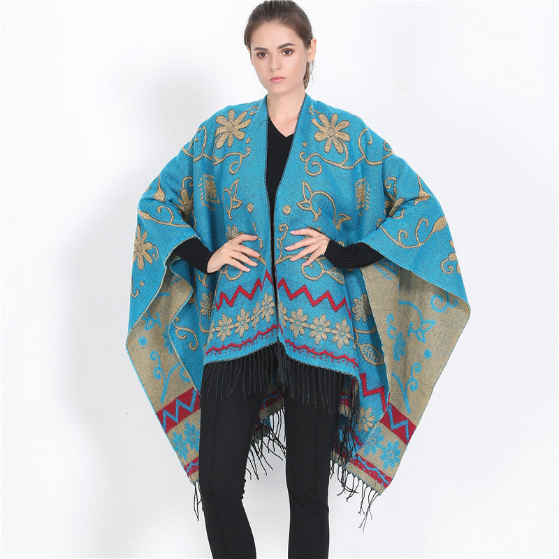 Damen Überwurf‑Ruana mit floraler Jacquard‑Webung und Fransensaum Echo Archiv