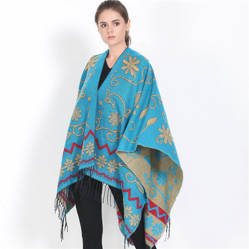 Damen Überwurf‑Ruana mit floraler Jacquard‑Webung und Fransensaum Echo Archiv