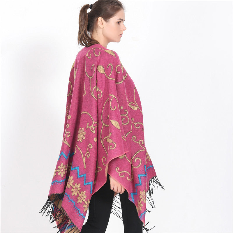 Damen Überwurf‑Ruana mit floraler Jacquard‑Webung und Fransensaum Echo Archiv