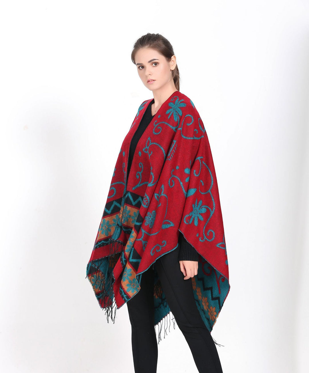 Damen Überwurf‑Ruana mit floraler Jacquard‑Webung und Fransensaum Echo Archiv