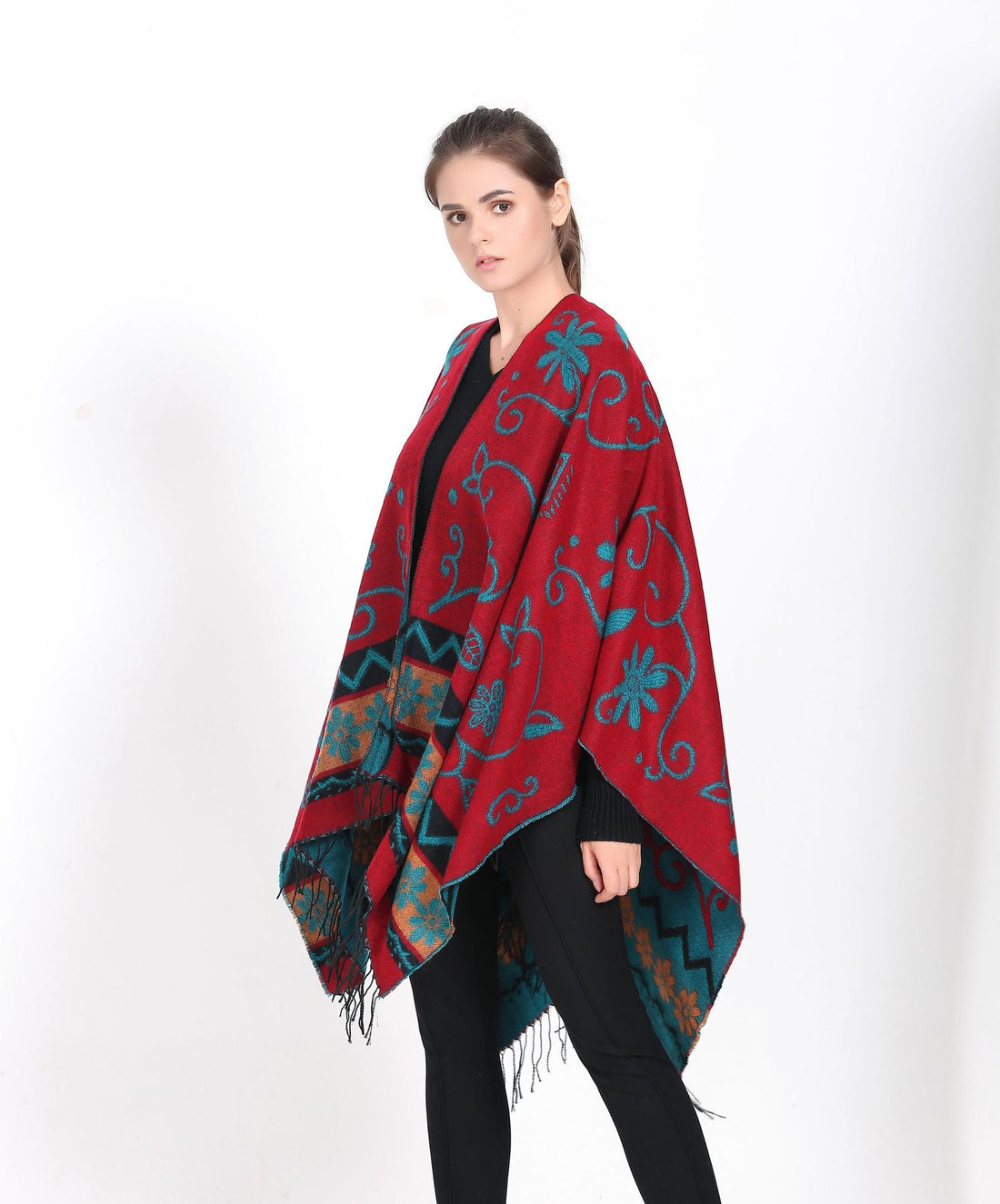 Damen Überwurf‑Ruana mit floraler Jacquard‑Webung und Fransensaum – Avérine
