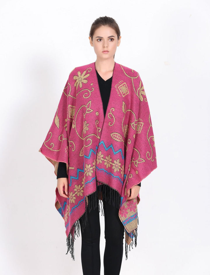 Damen Überwurf‑Ruana mit floraler Jacquard‑Webung und Fransensaum Echo Archiv
