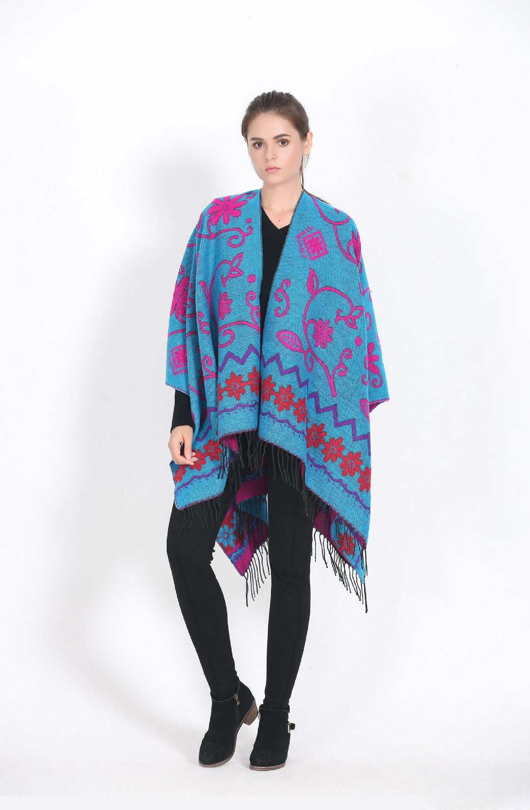 Damen Überwurf‑Ruana mit floraler Jacquard‑Webung und Fransensaum Echo Archiv