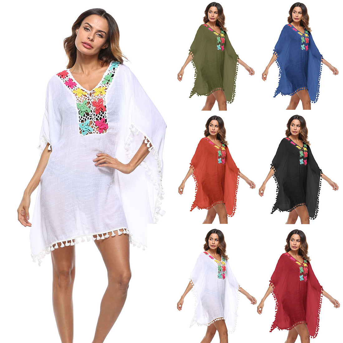 Damen luftiger Kaftan mit bunten Häkelverzierungen – Valéora