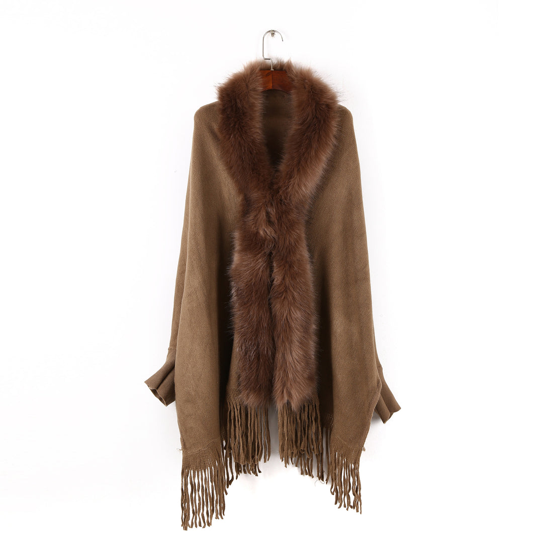 Damen Poncho mit Kunstpelzkragen und Fransen – Avérine