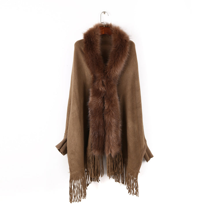 Damen Poncho mit Kunstpelzkragen und Fransen – Avérine