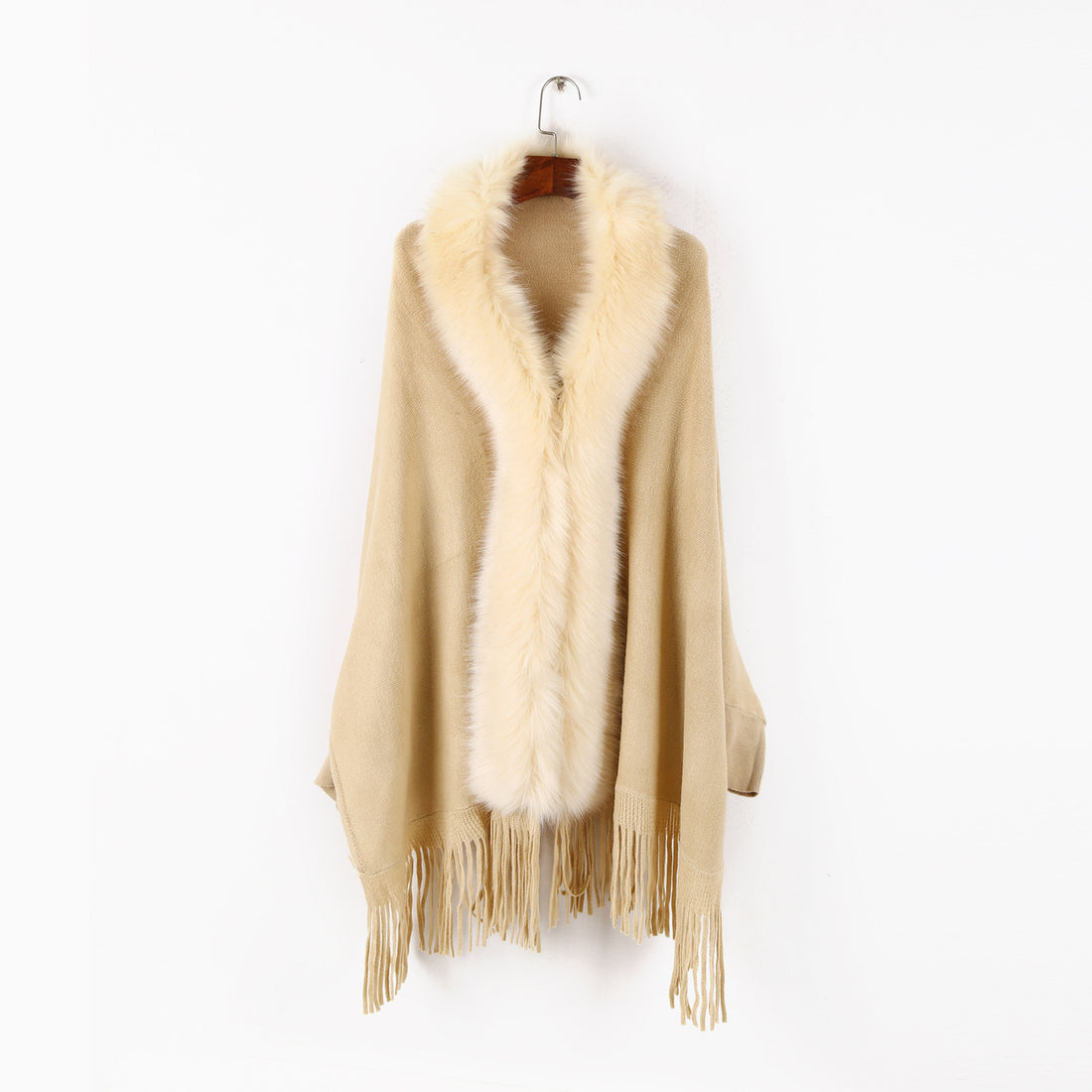 Damen Poncho mit Kunstpelzkragen und Fransen – Avérine