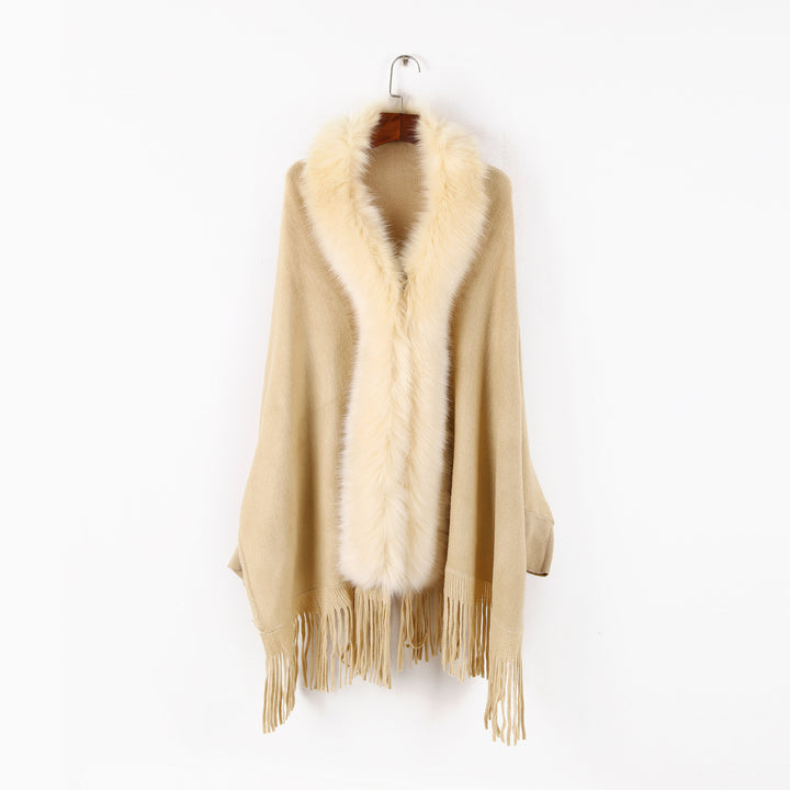 Damen Poncho mit Kunstpelzkragen und Fransen – Avérine