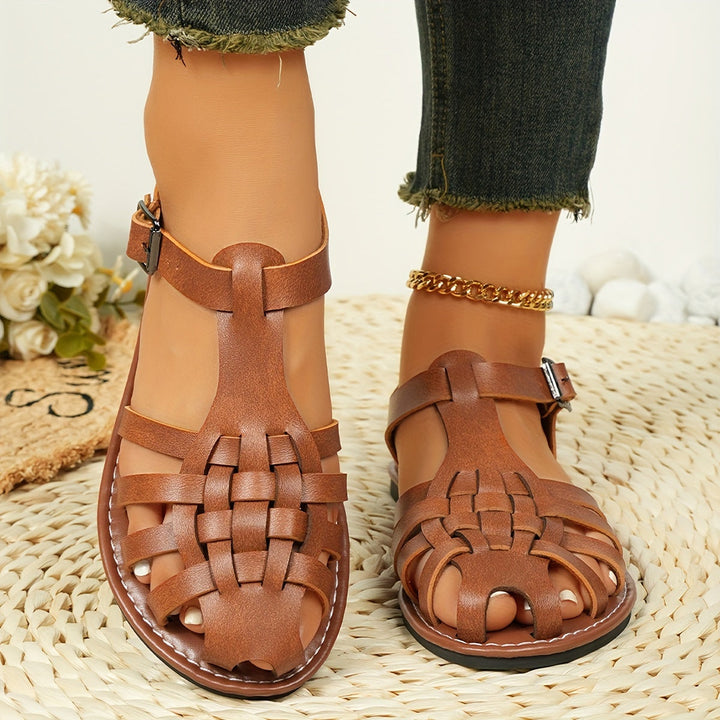 Echoarchiv | Gewebte Flache Sandalen für Damen Vintage Stil, Geschlossener Zeh, Schnallenverschluss