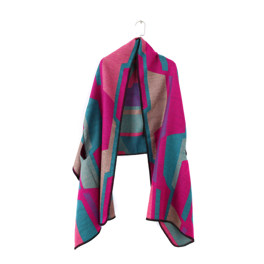 Damen Geometrischer Jacquard‑Überwurf im Ruana‑Stil mit Kapuze Echo Archiv