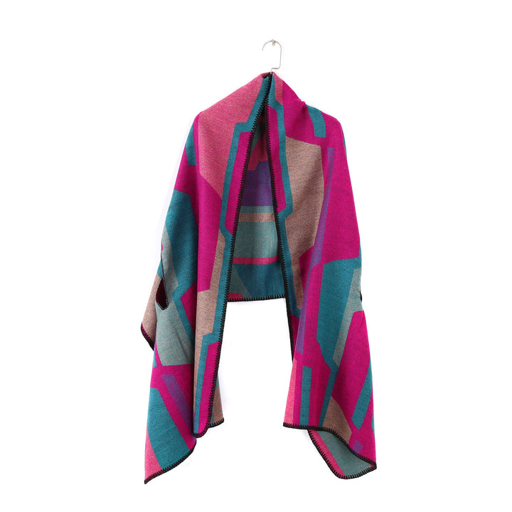 Damen Geometrischer Jacquard‑Überwurf im Ruana‑Stil mit Kapuze Echo Archiv