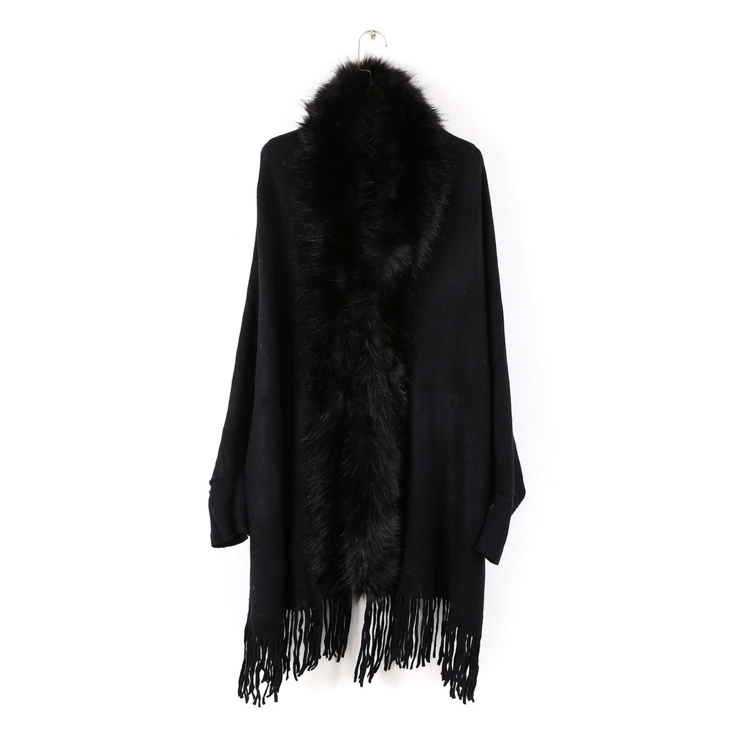 Damen Poncho mit Kunstpelzkragen und Fransen – Avérine
