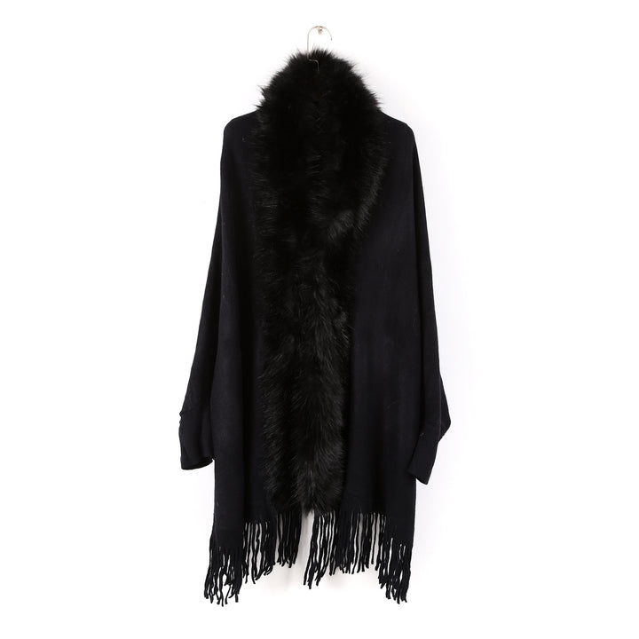 Damen Poncho mit Kunstpelzkragen und Fransen – Avérine