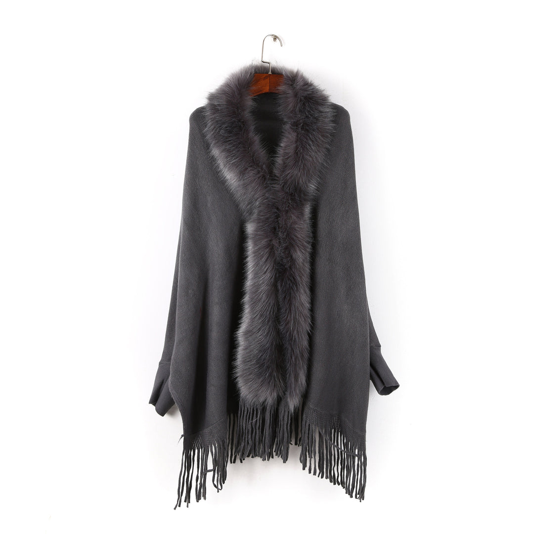 Damen Poncho mit Kunstpelzkragen und Fransen – Avérine