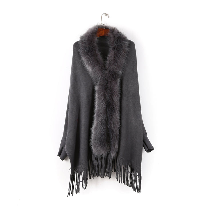 Damen Poncho mit Kunstfellkragen und Fransensaum Echo Archiv