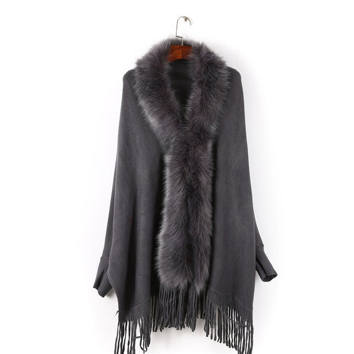 Damen Poncho mit Kunstpelzkragen und Fransen – Avérine