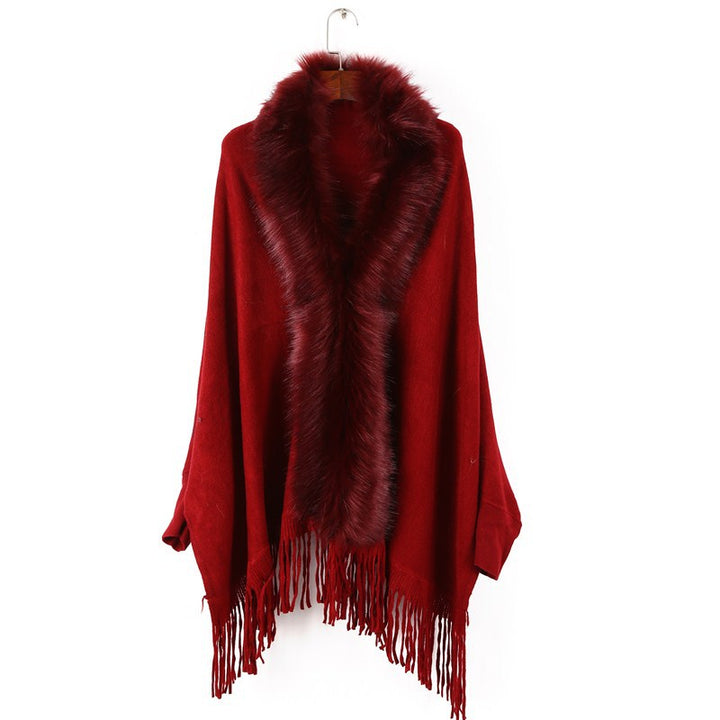 Damen Poncho mit Kunstpelzkragen und Fransen – Avérine