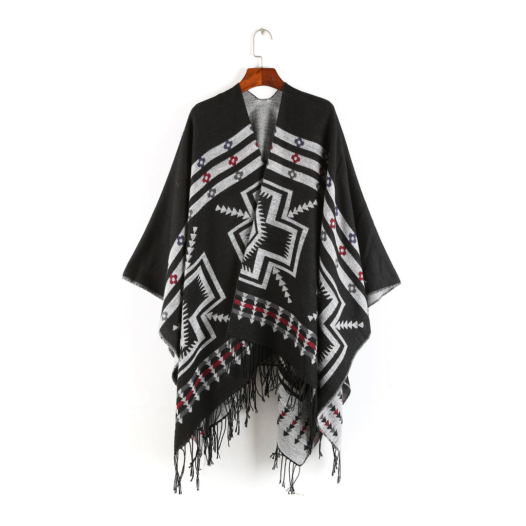 Damen Oversize-Poncho im Ruana-Stil mit Ethno-Jacquard und Fransensaum Echo Archiv