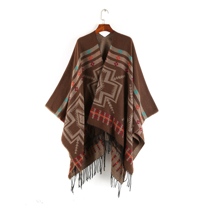 Damen Oversize-Poncho im Ruana-Stil mit Ethno-Jacquard und Fransensaum Echo Archiv