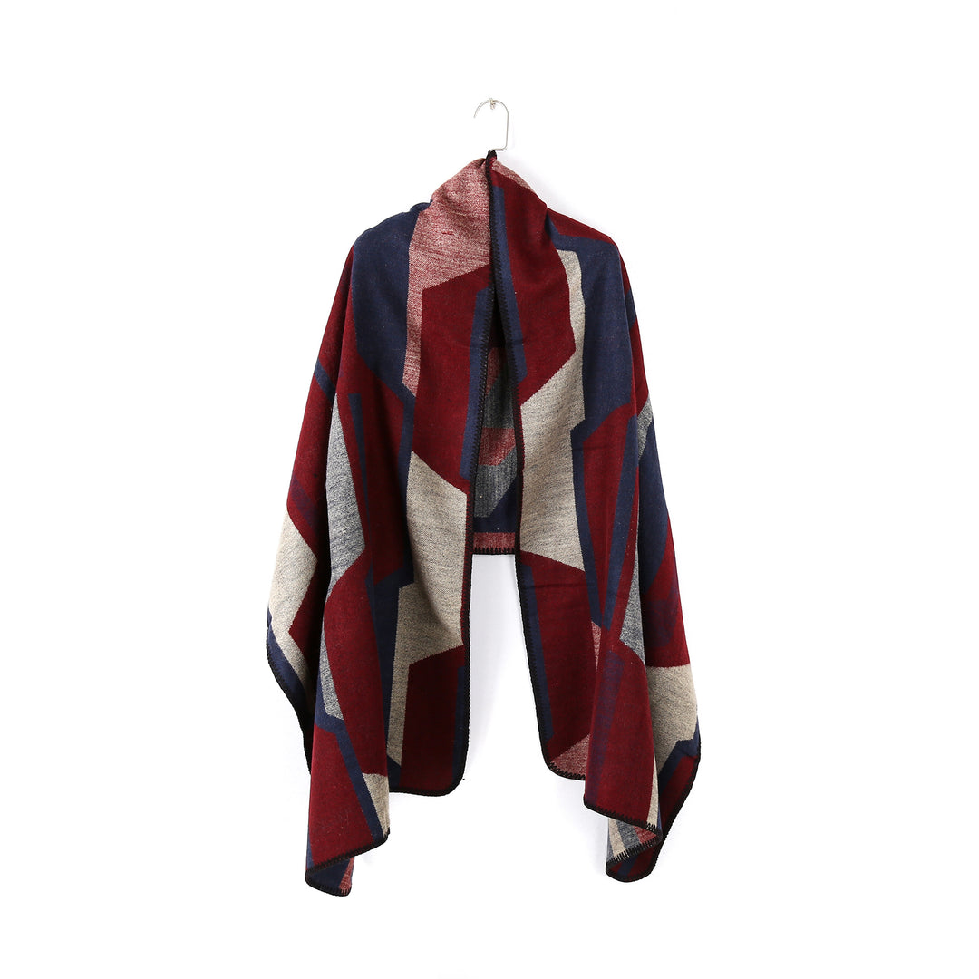 Damen Geometrischer Jacquard‑Überwurf im Ruana‑Stil mit Kapuze Echo Archiv