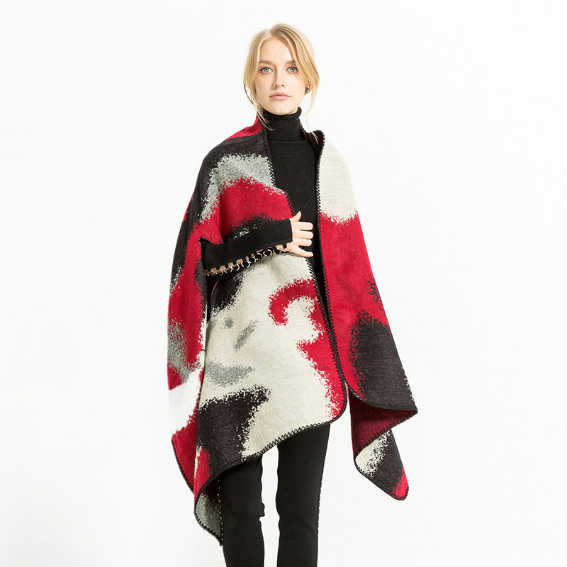 Damen Geometrischer Jacquard‑Überwurf im Ruana‑Stil mit Kapuze Echo Archiv