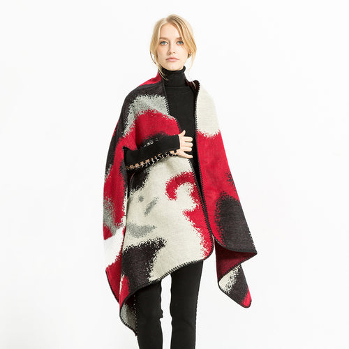 Damen Geometrischer Jacquard‑Überwurf im Ruana‑Stil mit Kapuze Echo Archiv