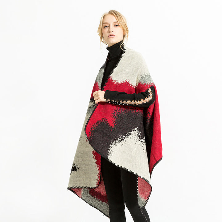 Damen Geometrischer Jacquard‑Überwurf im Ruana‑Stil mit Kapuze Echo Archiv