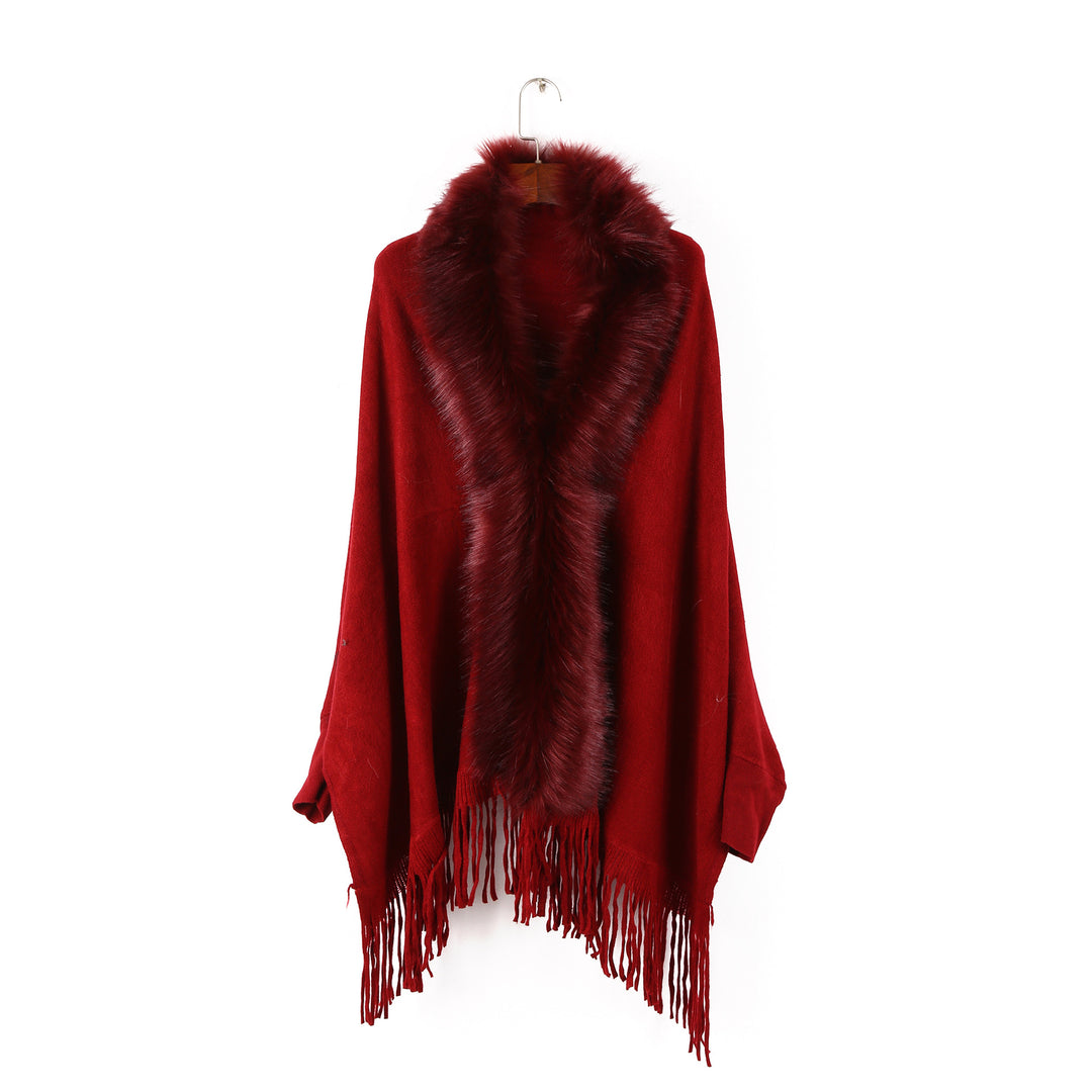 Damen Poncho mit Kunstfellkragen und Fransensaum Echo Archiv