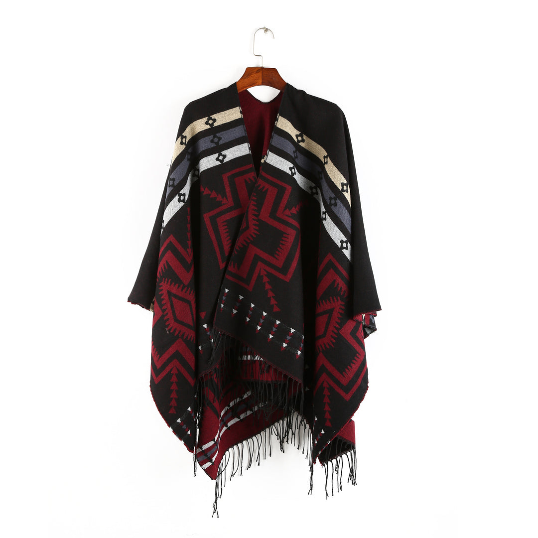 Damen Oversize-Poncho im Ruana-Stil mit Ethno-Jacquard und Fransensaum Echo Archiv