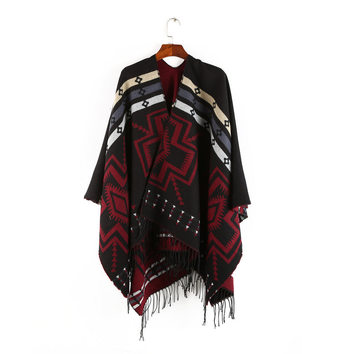Damen Oversize-Poncho im Ruana-Stil mit Ethno-Jacquard und Fransensaum Echo Archiv