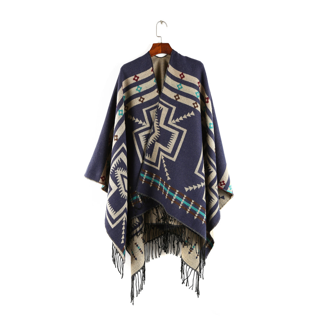 Damen Oversize-Poncho im Ruana-Stil mit Ethno-Jacquard und Fransensaum Echo Archiv