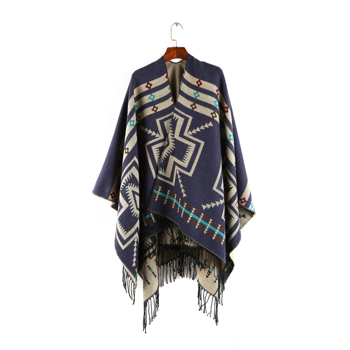 Damen Oversize-Poncho im Ruana-Stil mit Ethno-Jacquard und Fransensaum Echo Archiv
