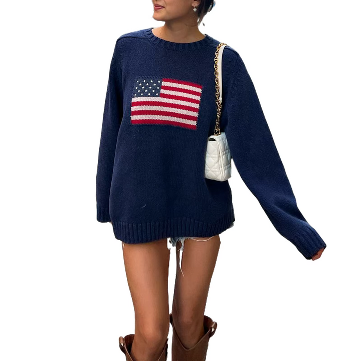 Streetwear Herbst Strickpullover mit Amerikanischer Flagge für Frauen – Mavelle