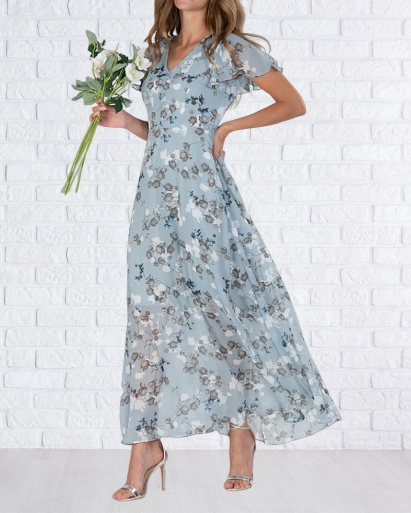Echoarchiv | Florales Maxikleid Damen Chiffonstoff Luftiges Sommerkleid Maxikleid mit Fließendem Rock
