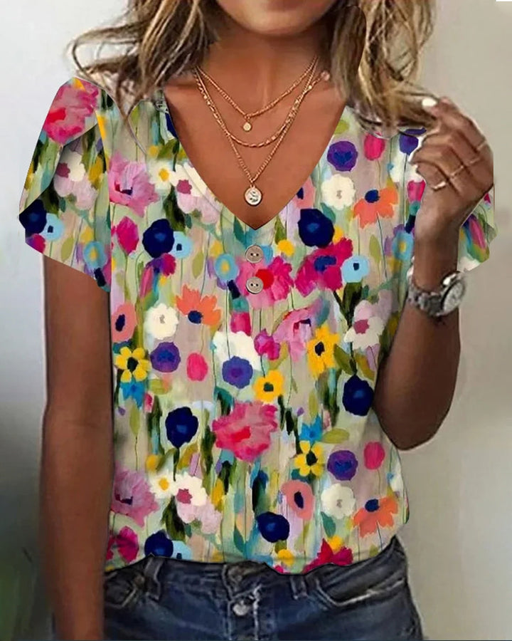 Echoarchiv | Kurzärmlige Farbenfrohe Blumenbluse mit V-Ausschnitt