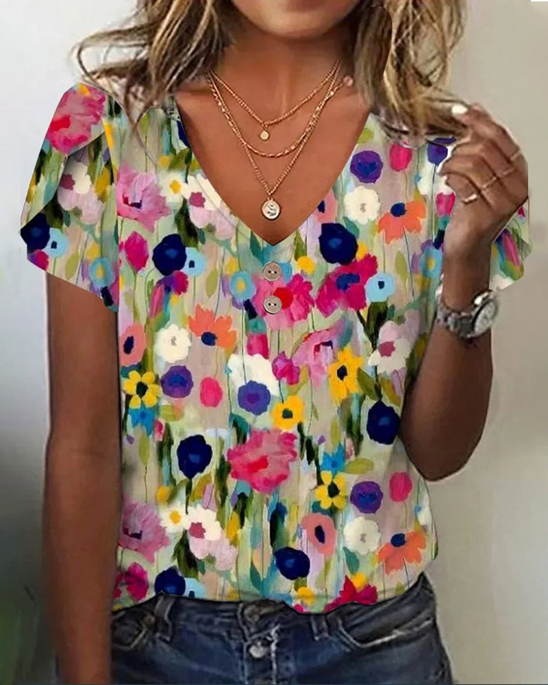 Kurzärmlige Farbenfrohe Blumenbluse mit V-Ausschnitt – Élovi