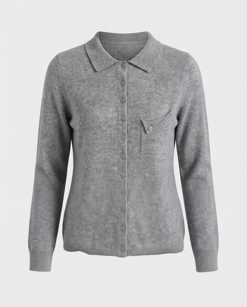Damen Feinstrick-Cardigan mit Polokragen, 3/4-Arm und dezenter Brusttasche Echoarchiv