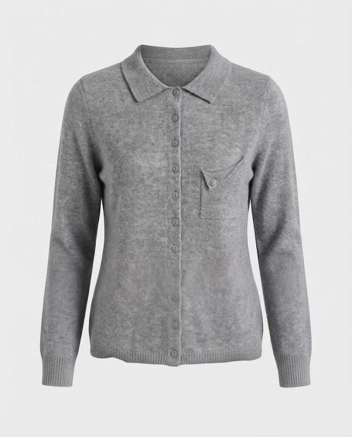 Damen Feinstrick-Cardigan mit Polokragen, 3/4-Arm und dezenter Brusttasche Echoarchiv