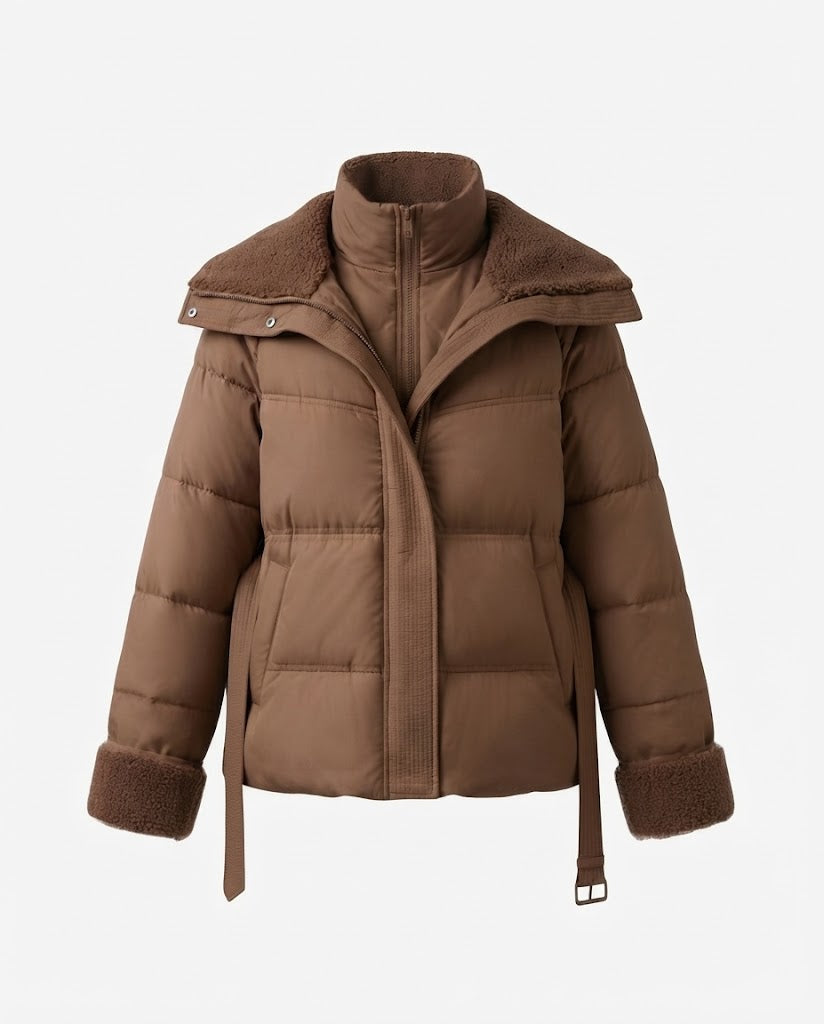 Damen kurze gepolsterte gesteppte Parka mit voluminösem Teddy-Kragen, tailliertem Gürtel und verdecktem Reißverschluss